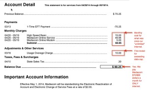 Screen capture of an internet bill from Mediacom.